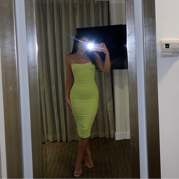 Oh Polly Low Back Ruched Midi Dress in LIME GREEN - Picture 3 of 4